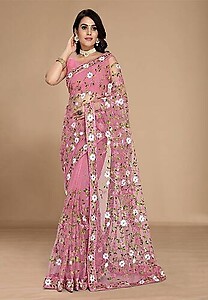 Soft Net Floral Embroidery Pink Saree