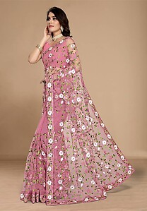 Soft Net Floral Embroidery Pink Saree